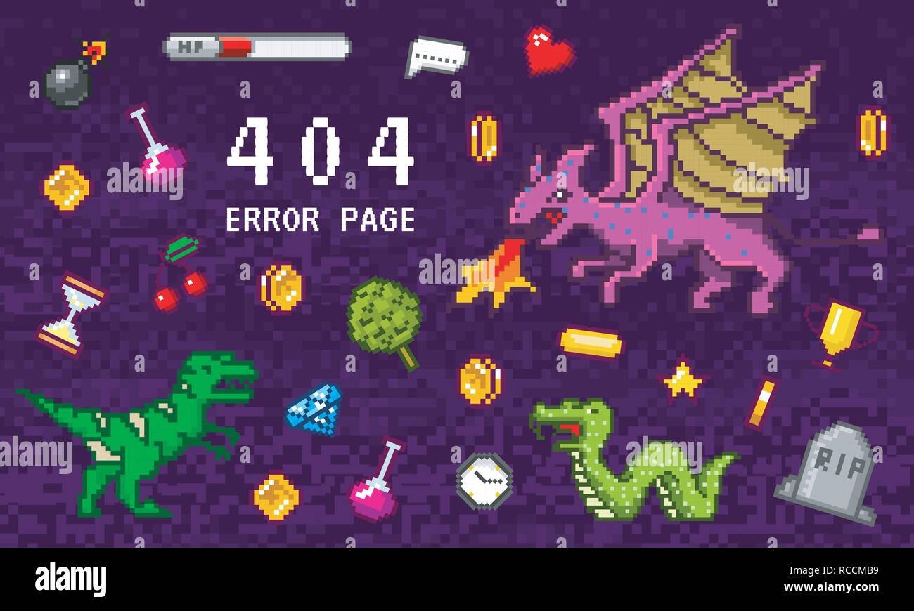 404 Error page not found. Pixel art 8 bit objects. Retro