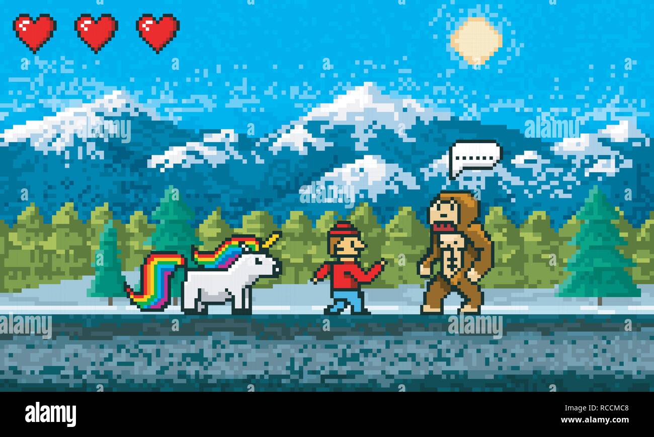 Game scene. Pixel art 8 bit Background. Video interface. Retro location. Mountains, Rainbow pony, monkey and character. Vintage computer video arcades. Vector illustration. Stock Vector