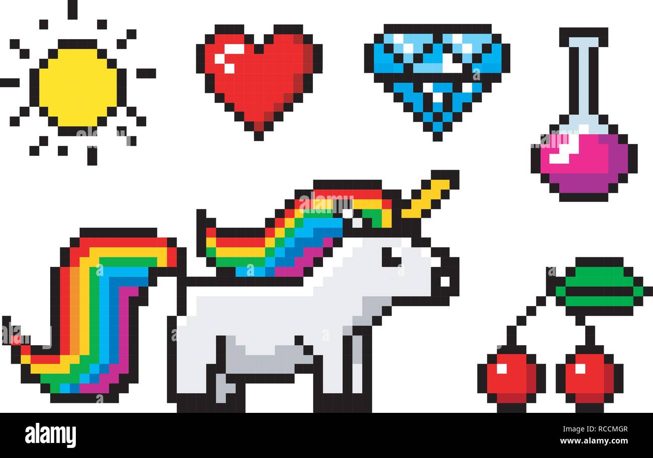 Pixel art 8 bit objects. Character unicorn and trophy. Retro game assets. Set of icons. vintage computer video arcades. vector illustration. Stock Vector