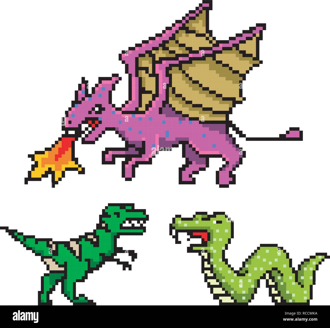 Pixel art 8 bit objects. Dinosaur Snake Dragon. Retro game assets. Set of icons. Vintage computer video arcades. Vector illustration. Stock Vector