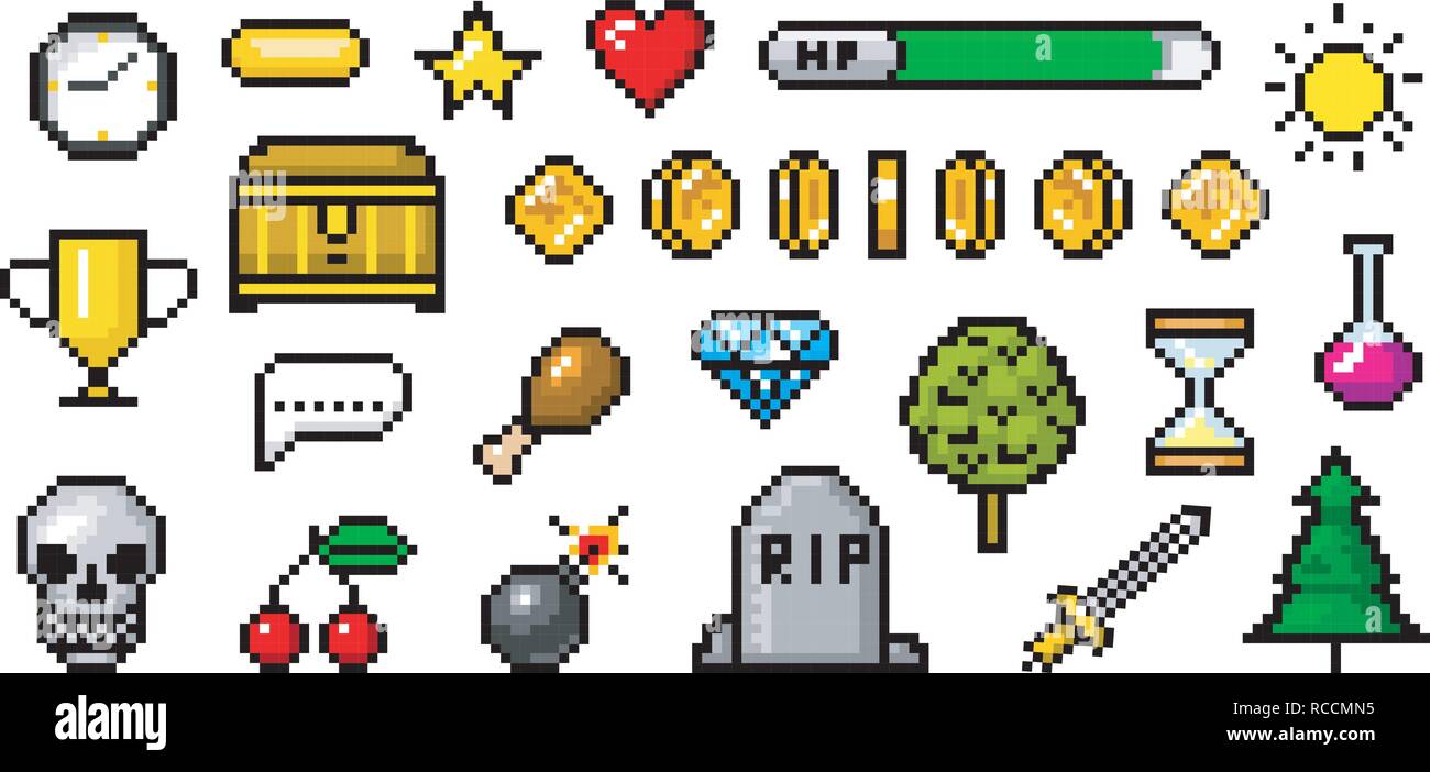 Pixel art 8 bit objects. Retro game assets. Set of icons. Vintage computer video arcades. Coins and Winner's trophy. Vector illustration. Stock Vector