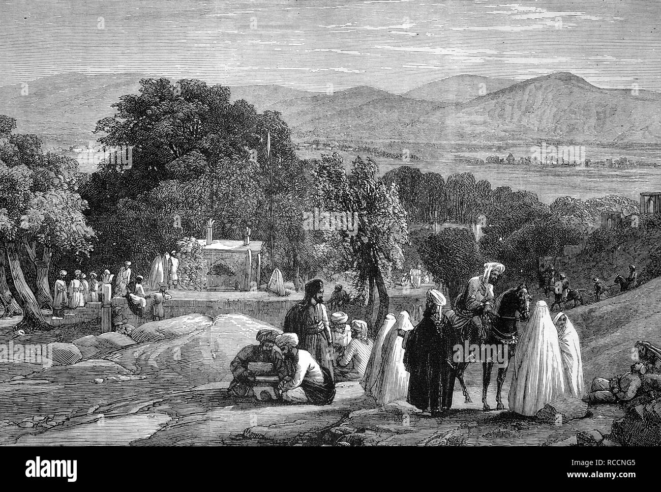 Grave of the Emperor Baber in Kabul, Afghanistan, historical illustration, wood engraving, circa 1888 Stock Photo