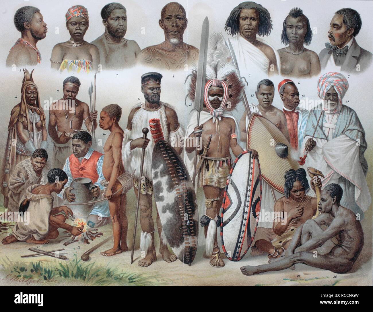 Ethnic groups of Africa: 1 Ashanti, 2 Loango woman, 3 Cameroon, 4 Baluba, 5 Somali, 6 Abyssinian woman, 7 Howa, 8 Herero women Stock Photo