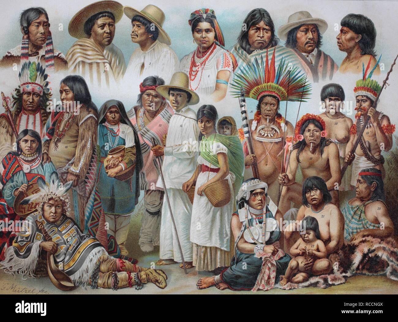 Ethnic groups of America: 1 Labrador Inuit woman, 2 Mexican, 3 Highland Mexican, 4 Yucatan Mexican, 5 Indians from Ecuador Stock Photo