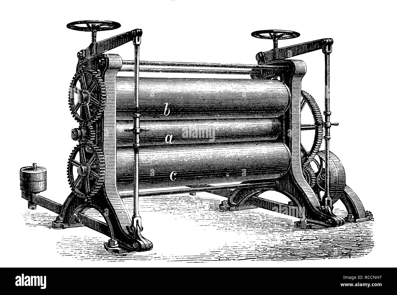 Finishing machine, three roll calender, historical illustration, wood engraving, circa 1888 Stock Photo