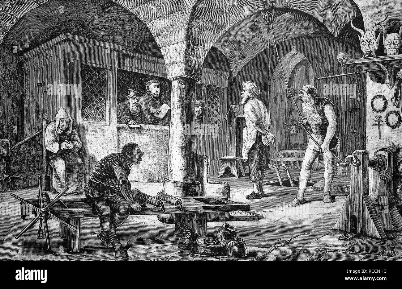The extortion of a confession in a torture chamber, historical illustration, wood engraving, circa 1888 Stock Photo