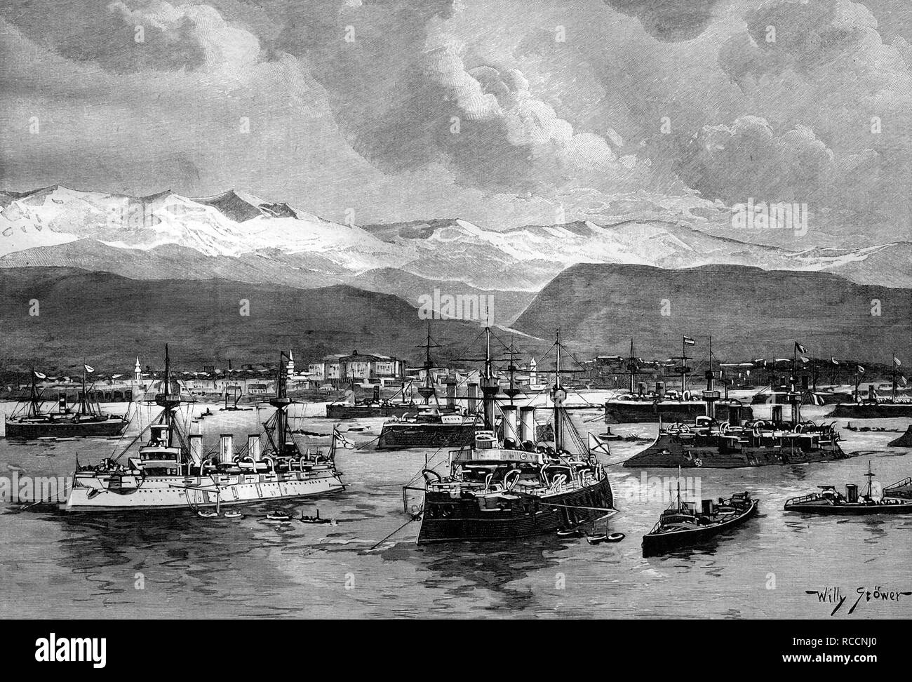 The fleet of the Great Powers off Canea, today Chania, Crete, historical illustration, wood engraving, about 1888 Stock Photo