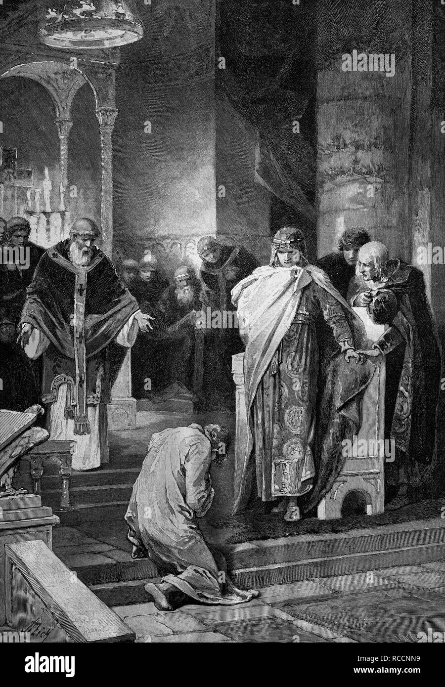 Otto I the Great, 912 - 973, forgiving his brother Henry, historic wood engraving, about 1897 Stock Photo