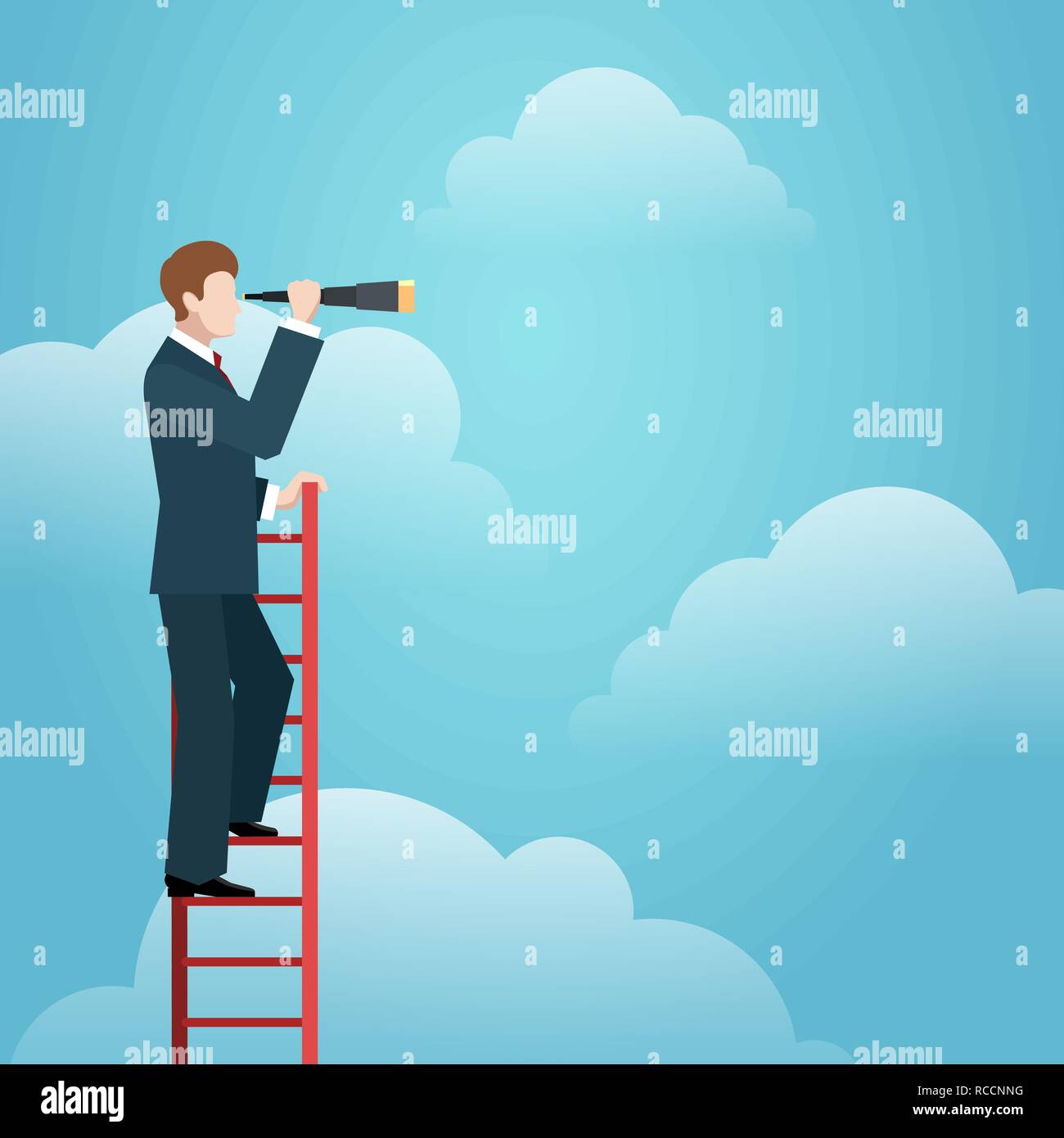 Business vision ladder. Businessman standing on top of staircase above ...