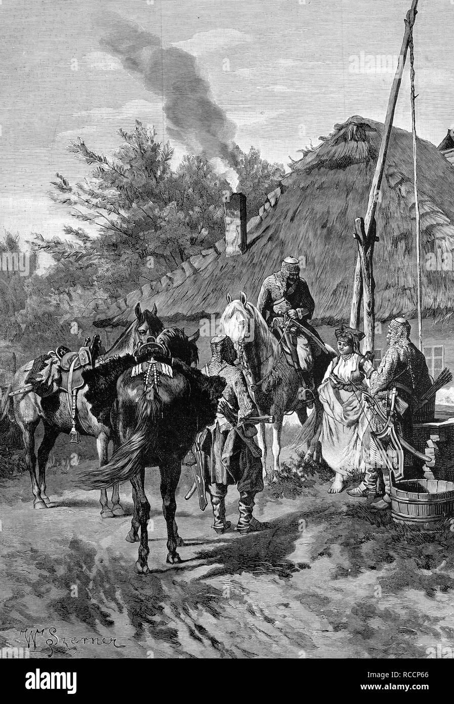 Prussian soldiers in the 13th century at a village well, historic wood engraving, about 1888 Stock Photo