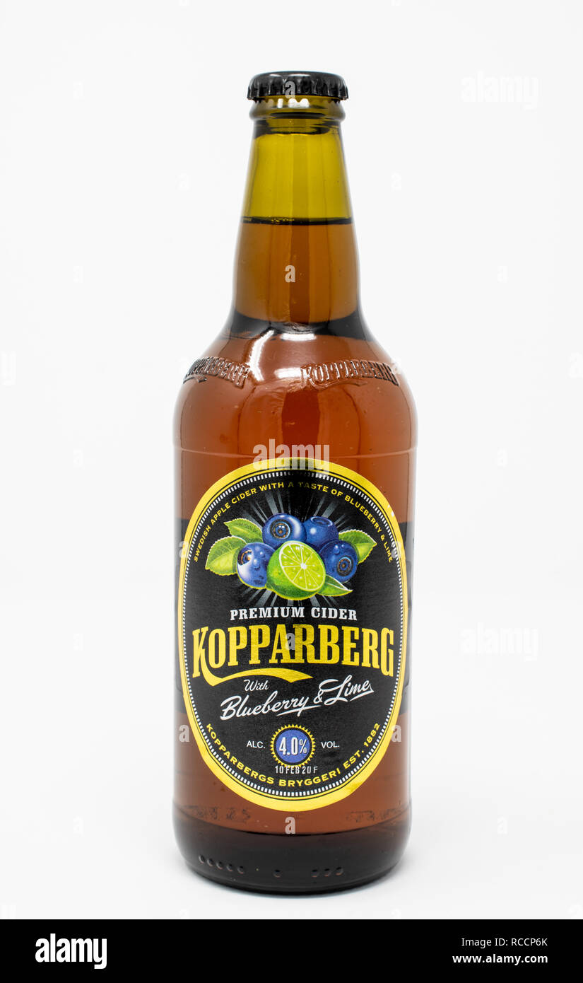 Reading, United Kingdom - December 30 2018:   A bottle of Kopparberg blueberry and lime fruit cider Stock Photo