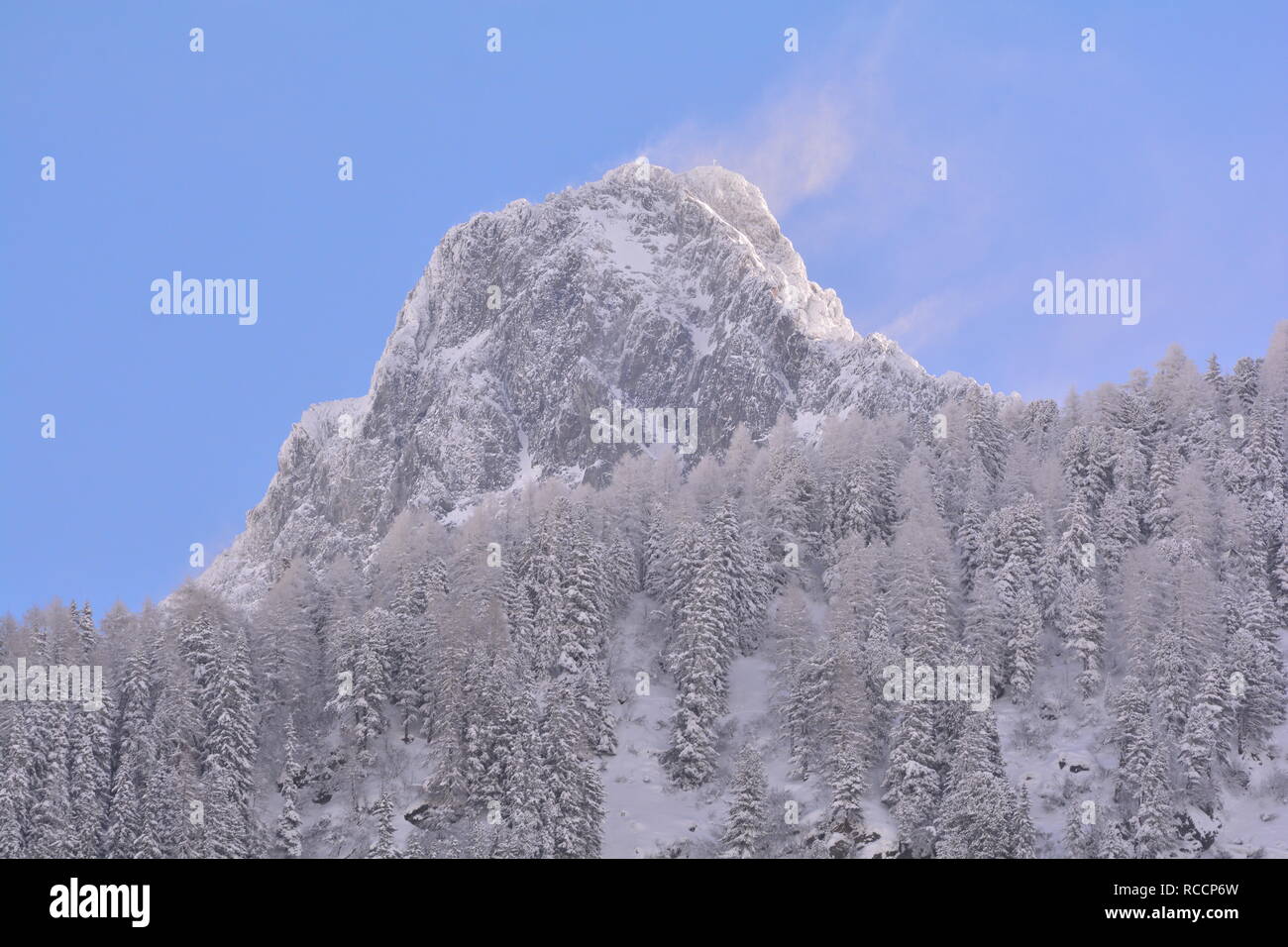 Snow covered mountain crests and forest. Winter scenery in Kaunertal valley, Tyrol , Austria. Snowy Austrian Alps. Forest and alpine crests Stock Photo
