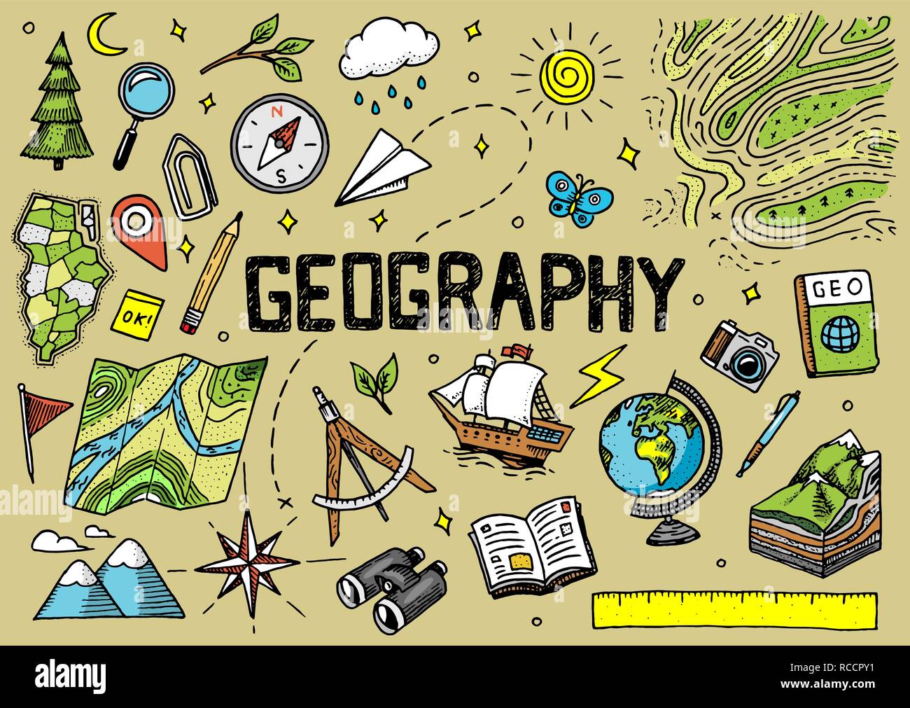 Set Of Geography Symbols Equipments For Web Banners Vintage Outline Set Of Geography Symbols Equipments For Web Banners Vintage Outline