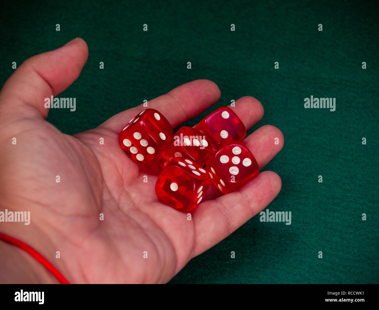 The hand of a person throwing the dice on a green carpet Stock Photo