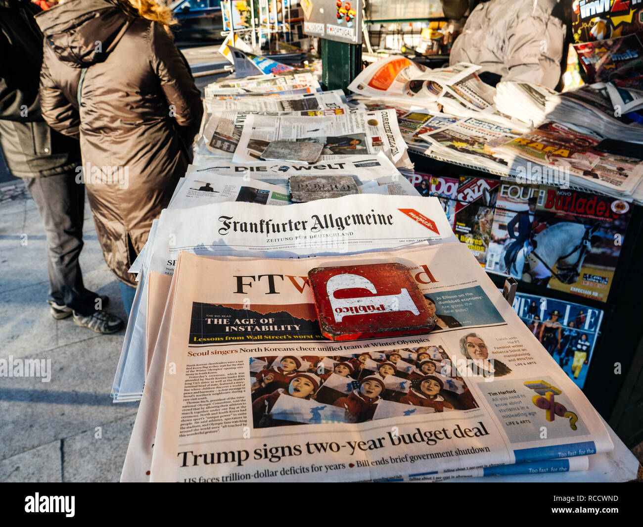 LISBON, PORTUGAL FEB 10, 2018 Multiple international newspapers