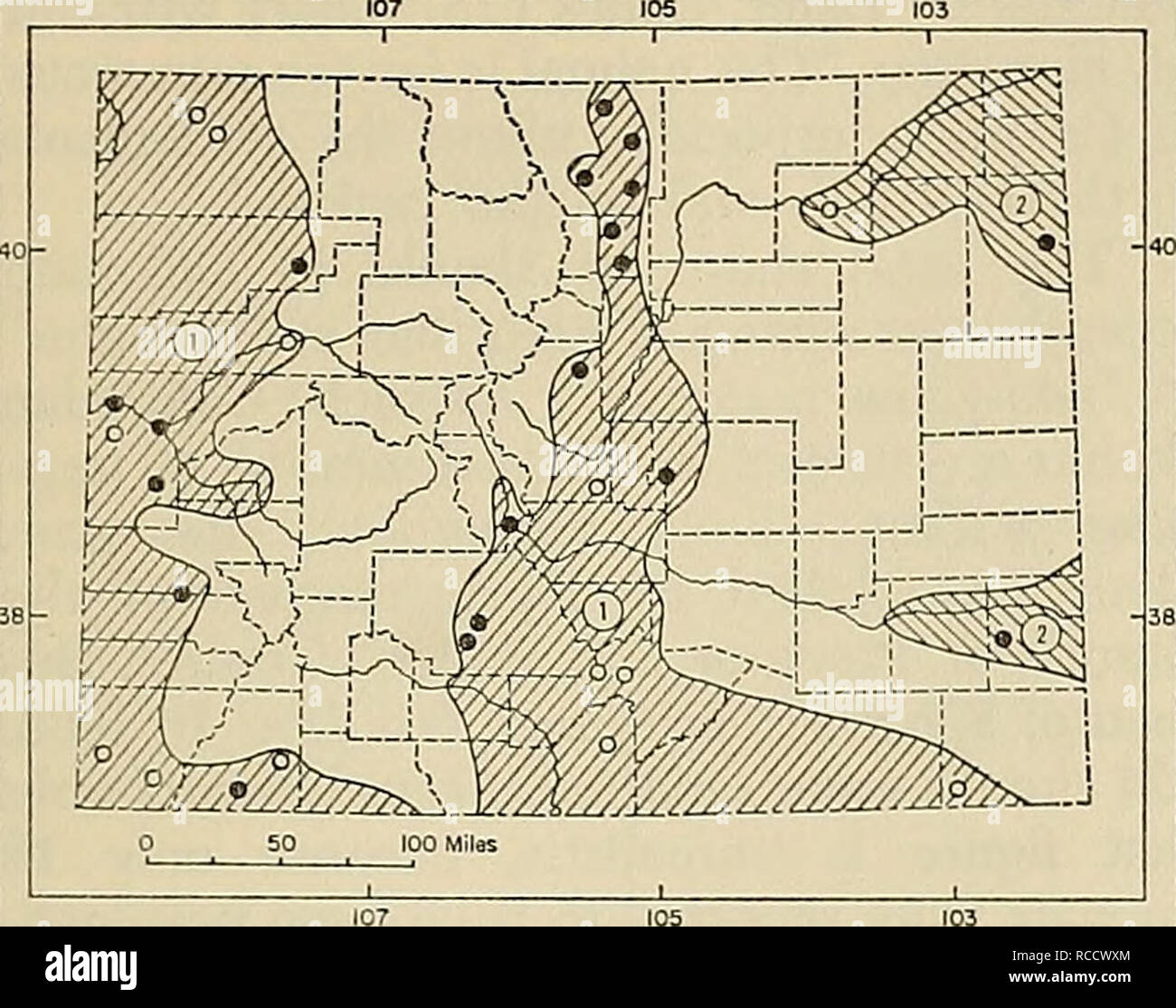 . Distribution of mammals in Colorado. Mammals. 1972 ARMSTRONG: COLORADAN MAMMALS 287. Fig. 105. Distribution of Spilogale putorius in Colorado. 1. S. p. gracilis. 2. S. p. interrupta. For explanation of symbols, see p. 9. 50.2; zygomatic breadth, 35.60 (34.9-38.6), 33.0, 30.5; interorbital constriction, 14.56 (14.1-15.1), 13.9, 13.5; postorbital constric- tion, 13.20 (12.8-13.9), —, 13.4; mastoid breadth, 31.55 (29.1-33.3), 28.3, 27.2; length of maxillary toothrow, 17.43 (16.1-18.8), 16.1, 16.3. Remarks.—It is not known whether the ranges of S. p. gracilis and S. p. interrupta meet in Colorad Stock Photo