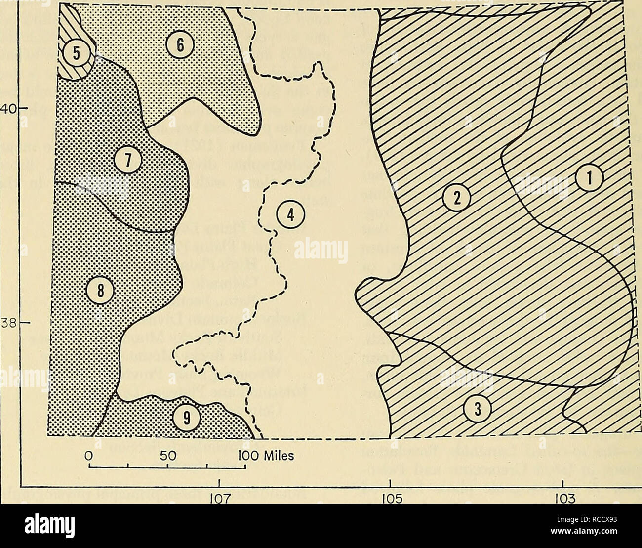 . Distribution of mammals in Colorado. Mammals. 14 MONOGRAPH MUSEUM OF NATURAL HISTORY NO. 3 107 105 &quot;;i— 103. 40 Fig. 3. Physiographic subdivisions of Colorado (after Fenneman, 1931). Great Plains Province: 1, High Plains Section; 2, Colorado Piedmont Section; 3, Raton Section. Rocky Mountain Division: 4, Southern Rocky Mountain Province; 5, Middle Rocky Mountain Province; 6, Wyoming Basin Province. Colorado Pla- teaus Province: 7, Uinta Basin Section; 8, Canyonlands Section; 9, Navajo Section. common rock is shale, and where streams have removed the mantle, springs and seepage are comm Stock Photo