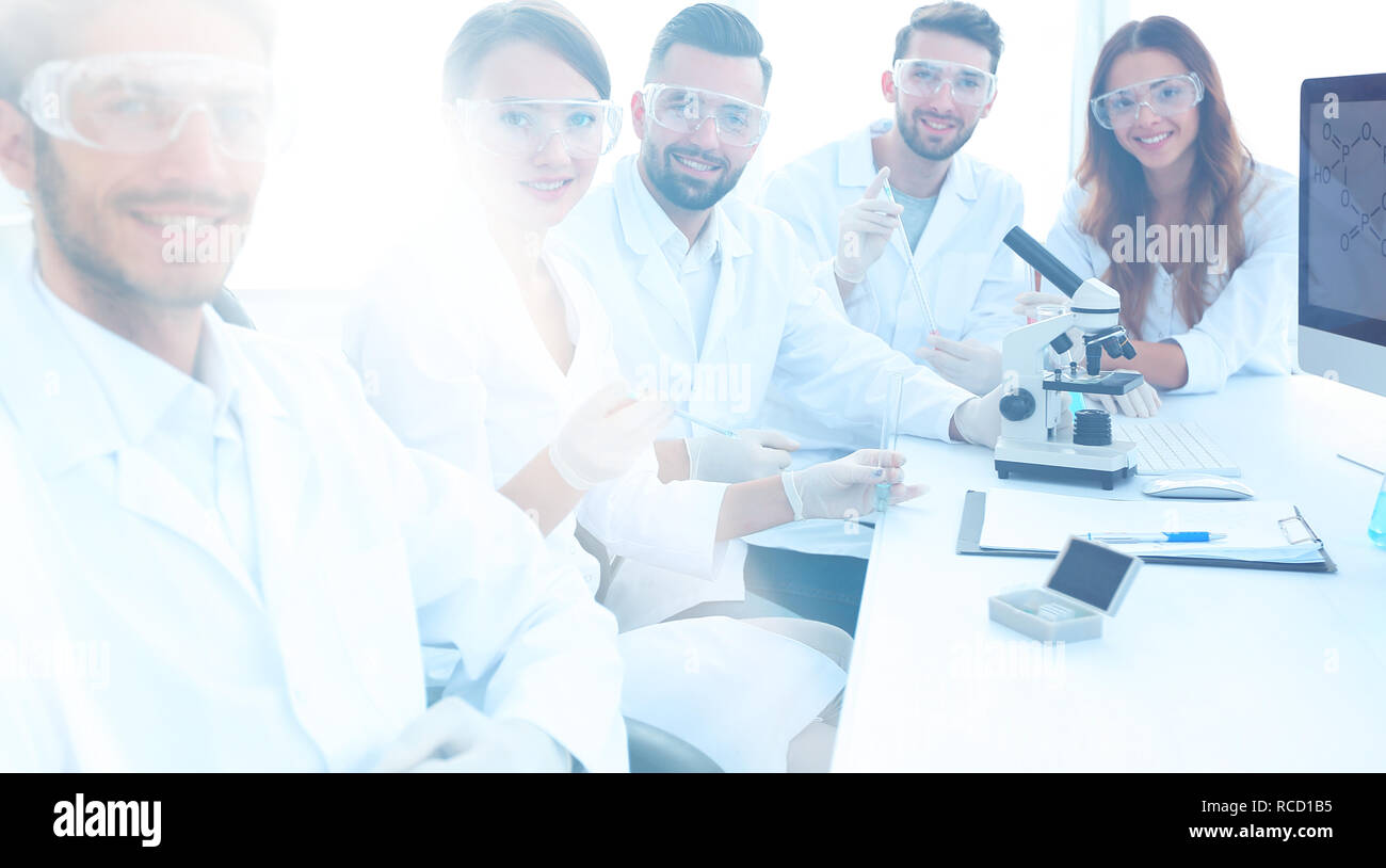 head of the scientific project and research team at the workplace Stock Photo