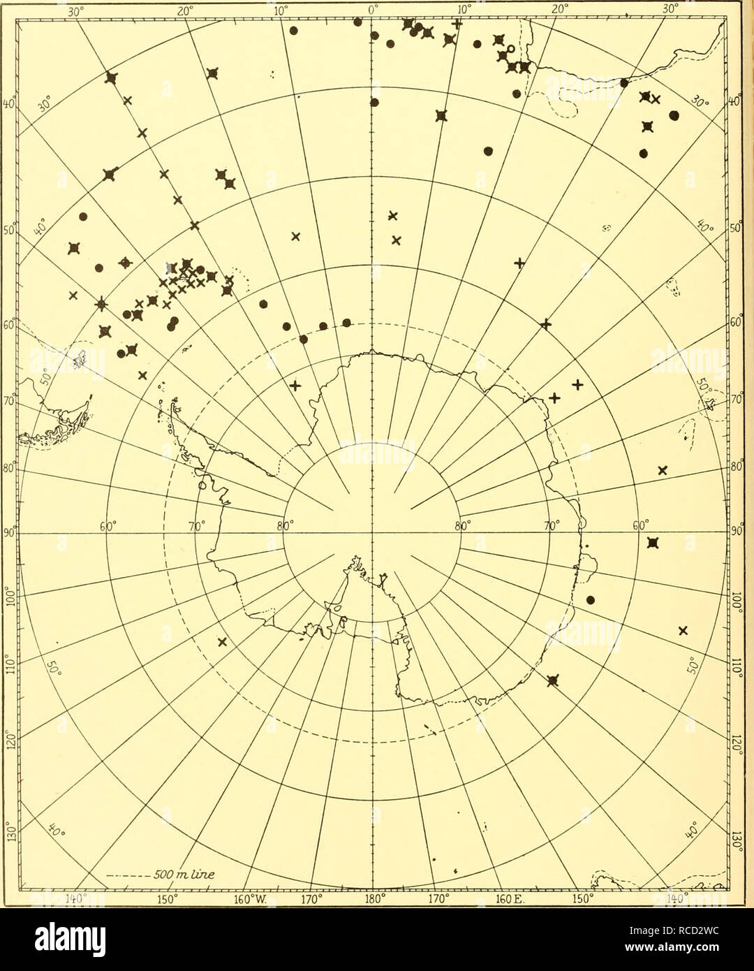 . Discovery reports. Discovery (Ship); Scientific expeditions; Ocean; Antarctica; Falkland Islands. DISCOVERY REPORTS. Text-fig. 18. Distribution of: Halicreas minimum = •, previous records = O. Pantachogon haeckeli= x , previous records = +.. Please note that these images are extracted from scanned page images that may have been digitally enhanced for readability - coloration and appearance of these illustrations may not perfectly resemble the original work.. Institute of Oceanographic Sciences (Great Britain); National Institute of Oceanography of Great Britain; Great Britain. Colonial Offic Stock Photo