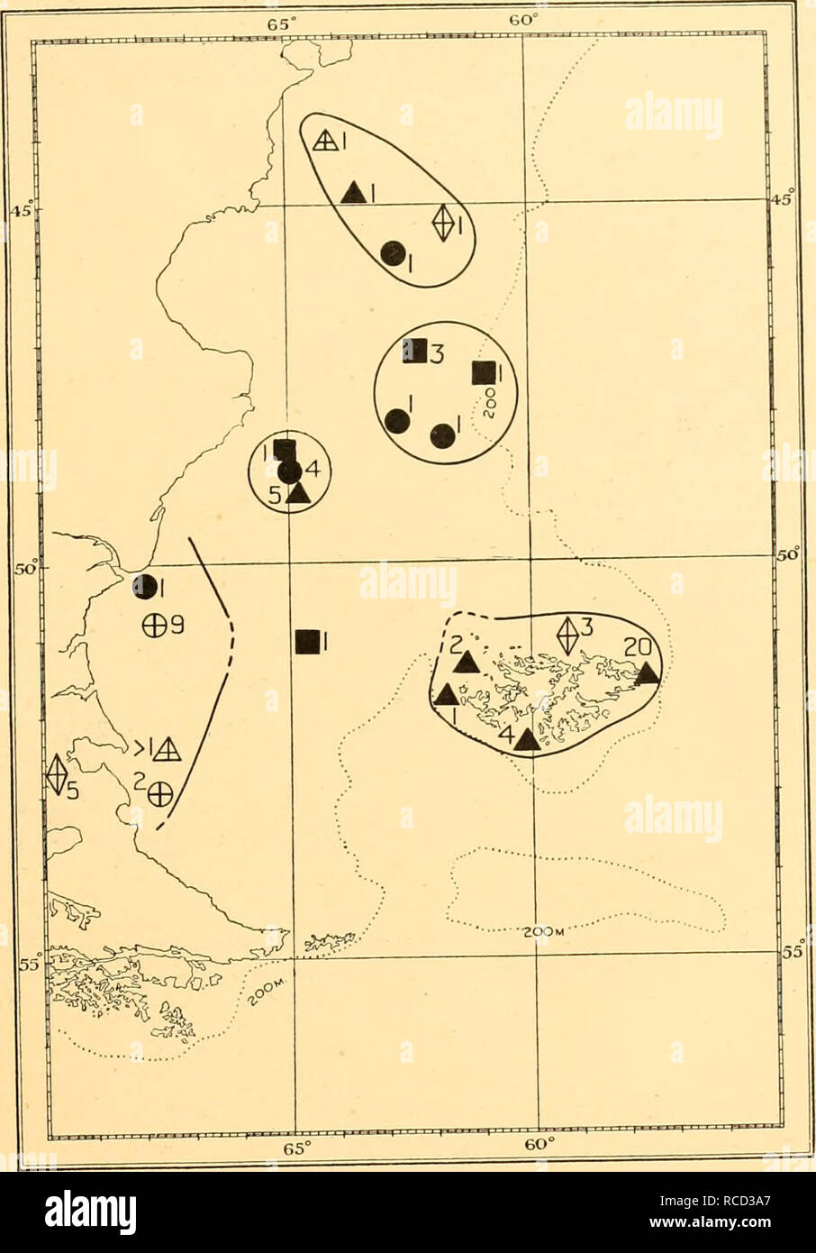 . Discovery reports. Discovery (Ship); Scientific expeditions; Ocean; Antarctica; Falkland Islands. DISTRIBUTION AND GENERAL NOTES ON THE SPECIES 377. Fie ,2 Distribution of Agonopsis chiloensis: positive records only, roughly contoured to show their localization in differerit seLns'. oLonds, springfcircles, summer; triangles, autumn; squares, winter. Solid symbols represent captures m Trawl + accessory nets'; cross symbols with 'Other gear'. LIPARIDAE Careproctus falklandica (Lonnberg). Six specimens of this fish were trawled at St. WS89 off Cape Virgins in April 1927. It was previously known Stock Photo