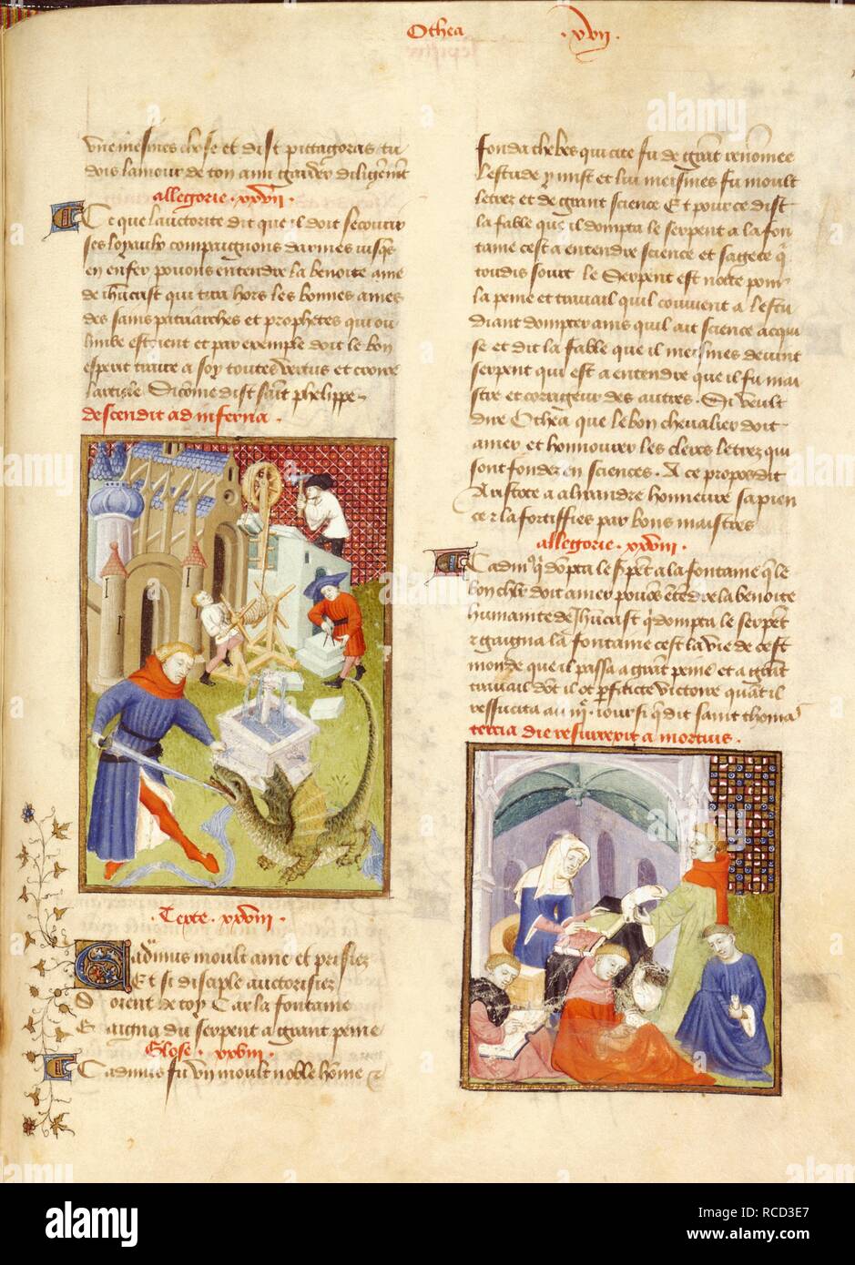 Cadmus kills the dragon. Collected Works of Christine de Pisan. France (Paris); 1410-1411. (Whole folio) The building of Thebes; in the foreground, Cadmus kills the dragon at the Spring of Ares. From L'EpÃ®tre d'OthÃ©a.  Image taken from Collected Works of Christine de Pisan.  Originally published/produced in France (Paris); 1410-1411. . Source: Harley 4431, f.109. Language: French. Author: Pisan, Christine de. Master of the CitÃ© des Dames. Stock Photo