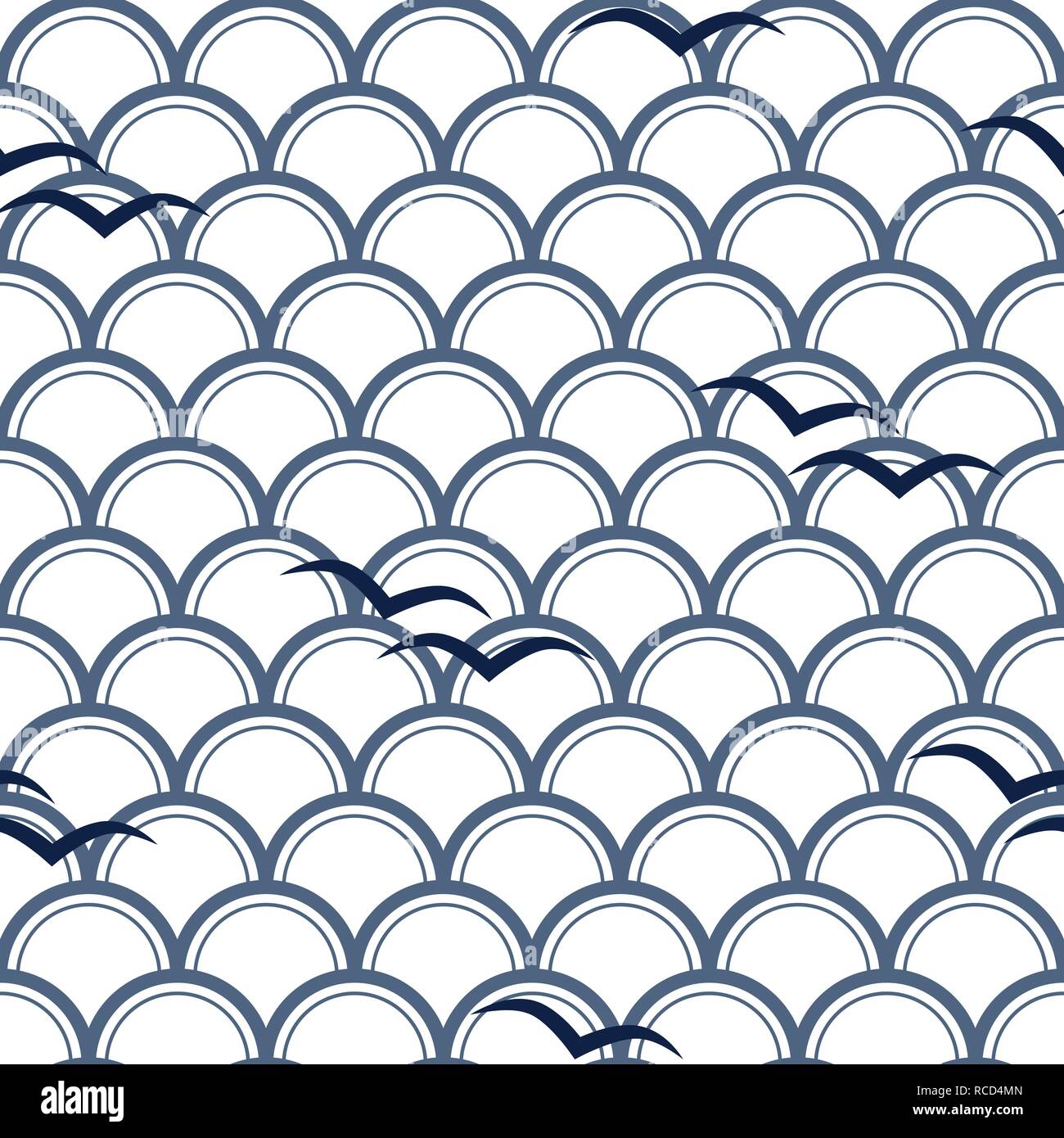 Vector blue Japanese waves with blue birds on white background repeat seamless pattern. Stock Vector