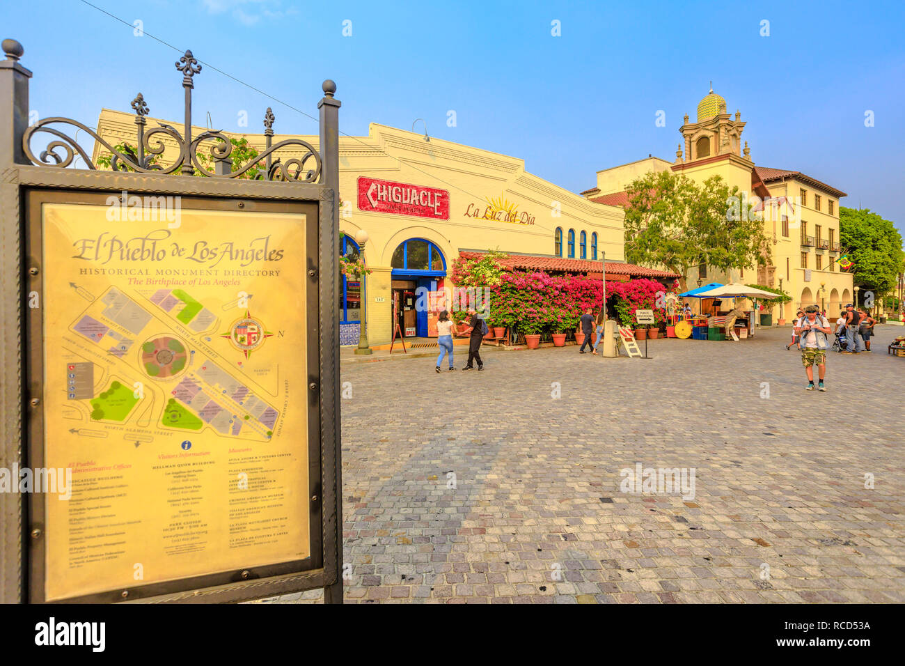 Los Angeles, California, United States - August 9, 2018: Spanish architecture in historic center of El Pueblo de Los Angeles, Historical Monument Directory in Old Plaza, the oldest part of downtown LA Stock Photo