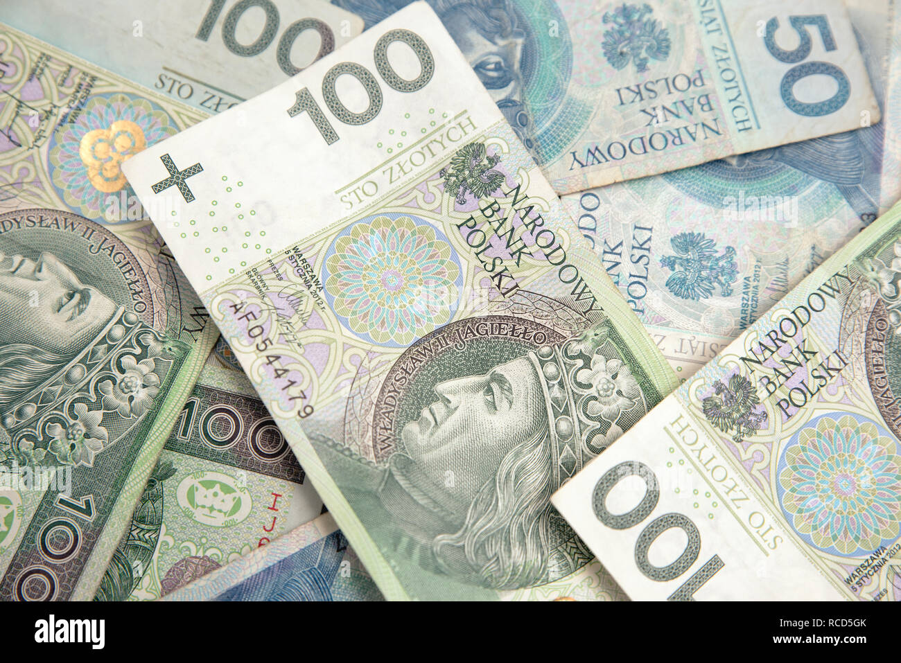 Polish currency, stack of polish banknotes. Top view composition of 100 ...