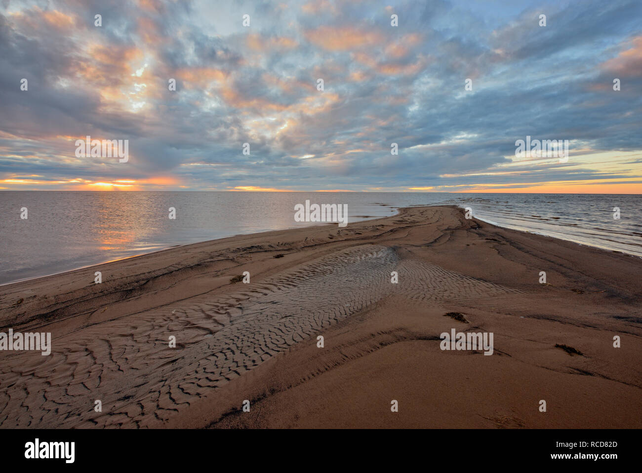 Shore of Great Slave Lake with sandspit at dusk, Hay River, Northwest