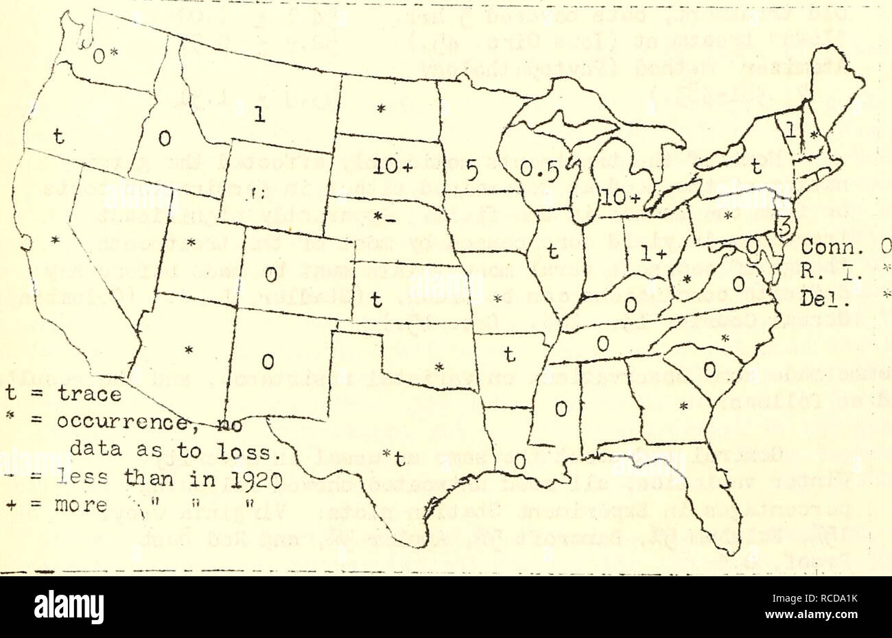 . Diseases of cereal and forage crops in the United States in 1921. Grain Diseases and pests United States; Forage plants Diseases and pests United States. 2l8 OATS - Stem rust Stem rust caused by puccinia graminis Pers. Stem rust evidently was not as generally distributed as crown rust, as will be seen by the accompanying map (Fig. 'jG). Neither did the stem rust cause such great reductions in yield. However, it was quite generally present in the more northern oat-?:,romug states. In the extreme South the stem rust seems to be much less important than the crown rust, while in the northern sta Stock Photo