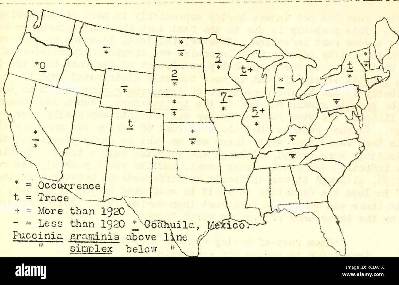 . Diseases of cereal and forage crops in the United States in 1921. Grain Diseases and pests United States; Forage plants Diseases and pests United States. 212 BARLEY - Net blotch. Pig- 53- Occurrence of stern mst (Fuccinia f;raminis) and leaf rust (Puccinia simplex) of barley during I92I. Net blotch caused by Helminthosporium teres Sacc. Helrninthosporium teres was observed in eleven states: Nev/ York, Illinois, Michigan, Wisconsin, I'innesotaj North Dakota, South Dakota, Montana, Colorado, Oregon, and California. Melhus estim;^ted that the net blotch reduced the yield in lov/a by Evans repor Stock Photo