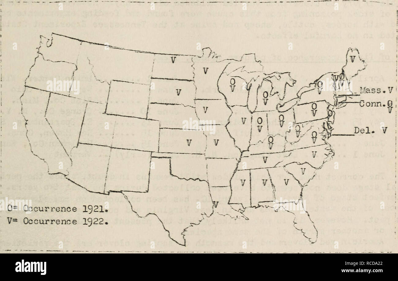 . Diseases of cereal and forage crops in the United States in 1922. Grain Diseases and pests United States; Forage plants Diseases and pests United States. 250 Pov/dery milde-.v caused by Erysiphe sp. Probably the most noteworthy plant outbreak of the year was that of powdery milde&quot;/ of red clover. In 1^21 it appeared in unprecedented amounts in states in the nortlieastern quarter of the country, but during 1922 it v/as much more widely dis- tributed and occurred all over eastern United Jtates from South to North ard in eastern Canada. The accompanying m.ap shows the geographical range of Stock Photo