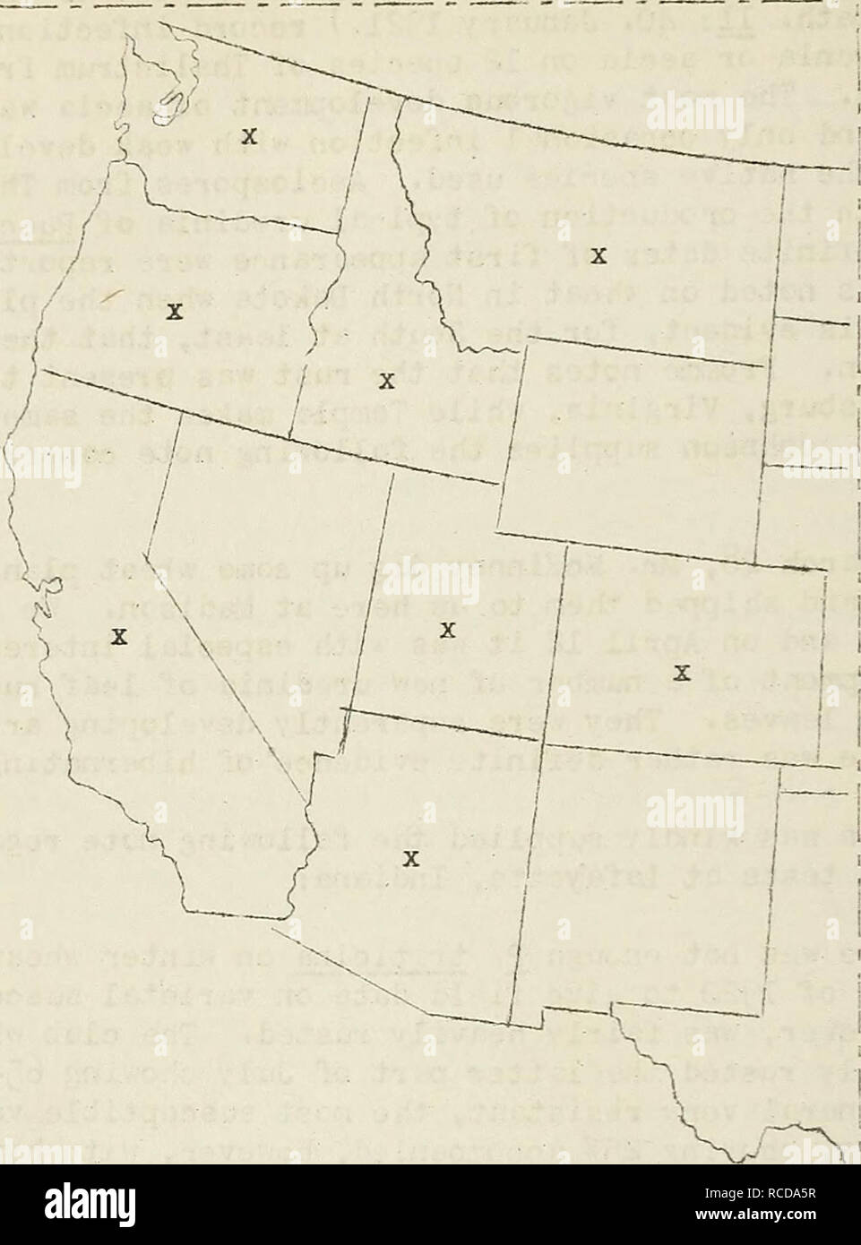 . Diseases of cereal and forage crops in the United States in 1920. Grain Diseases and pests United States; Forage plants Diseases and pests United States. 133. ?ig. 27. Occurrence of stripe rust, Puccinia ^lunarun&gt; on cereals and grasses in the United States, as recorded in Ilorth American Flora 33^* 1':'20. Also recorded from the provinces of British Coluiribia and Alberta, and from I/exico. Scab (blight) caused by Gibberella saubinetii (I'ont^ ) Sacc &quot;'heat scab, although it occurred over practically the same range as in 1^1^, was very markedly less severe in intensity throughout it Stock Photo