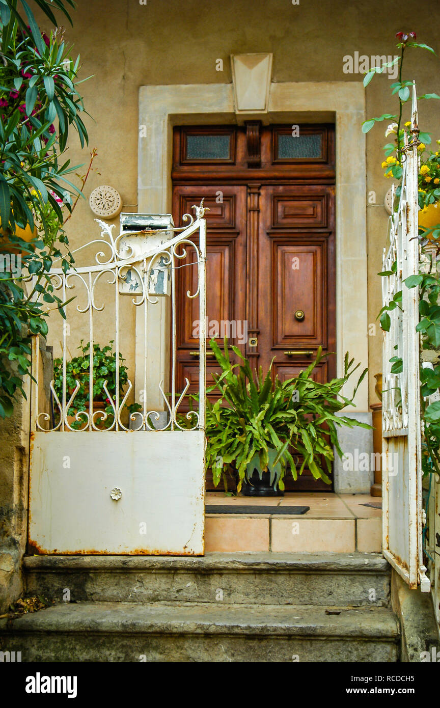 Looking Up Steps At House Large Double Wooden Doors With Two