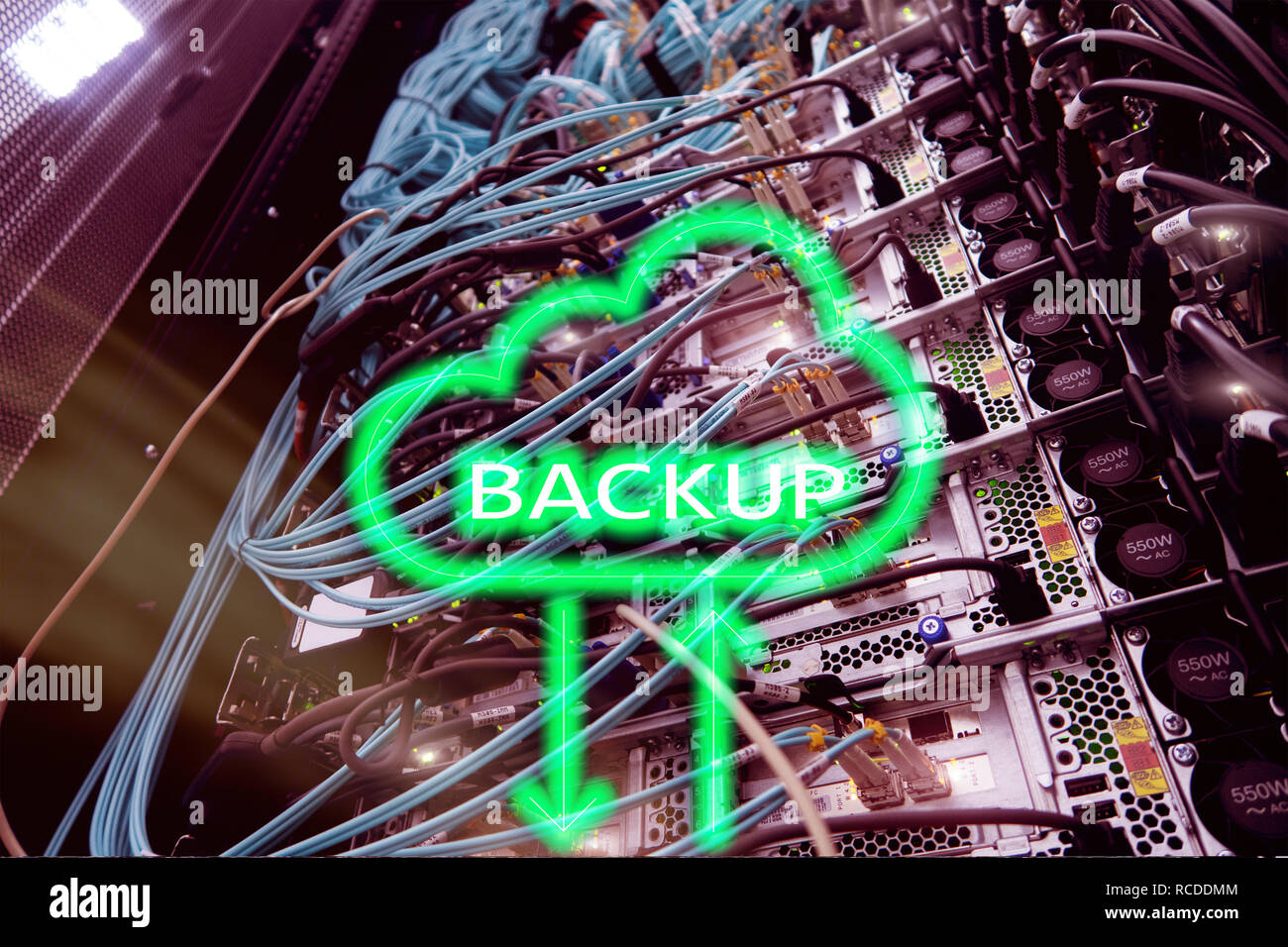 Backup button on modern server room background. Data loss prevention ...
