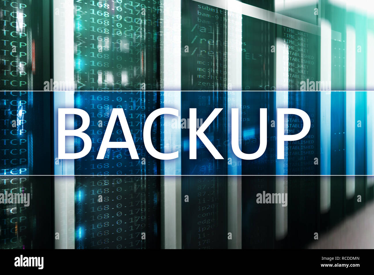 Backup button on modern server room background. Data loss prevention ...