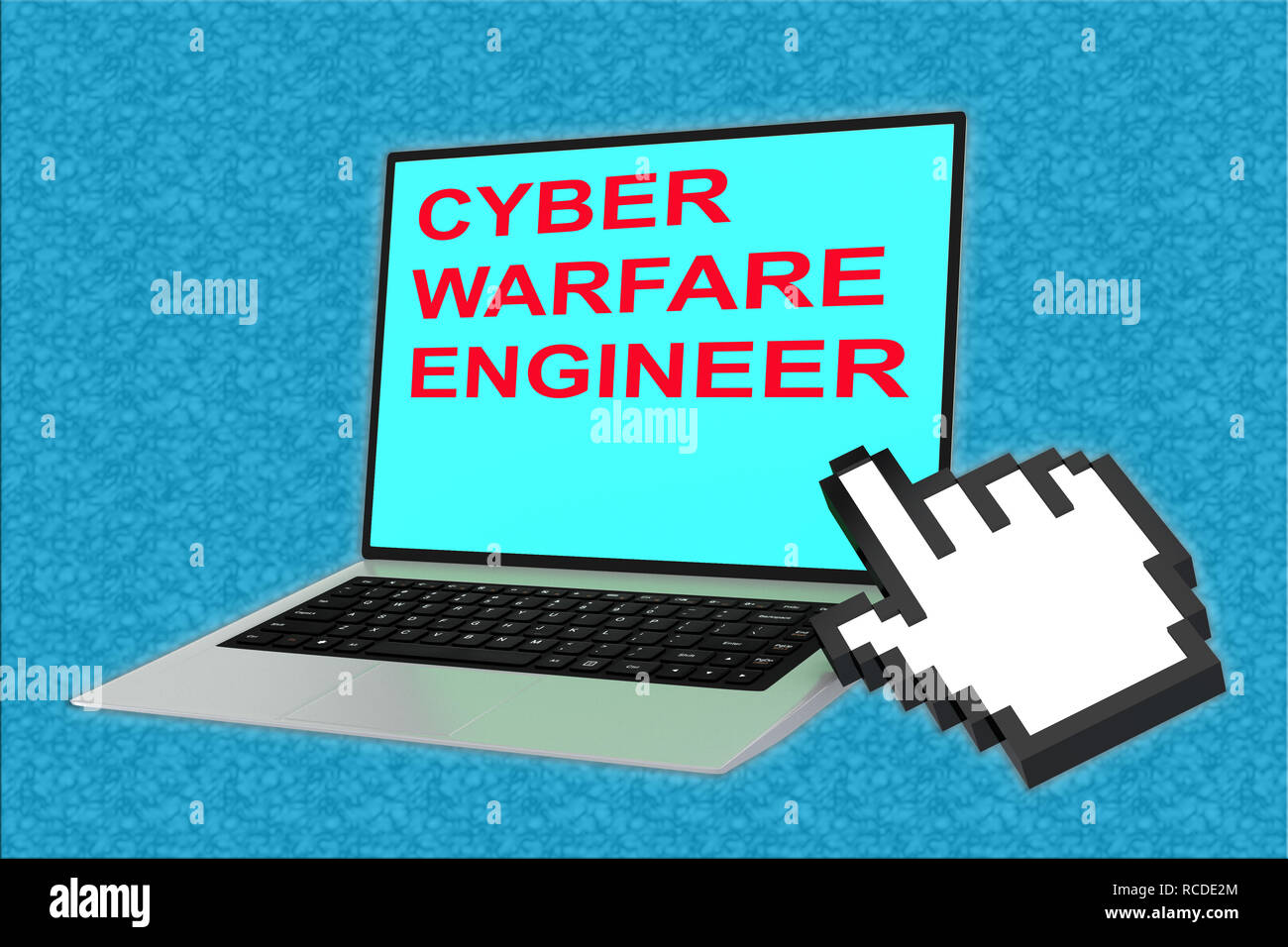 3D illustration of CYBER WARFARE ENGINEER script with pointing hand icon pointing at the laptop screen Stock Photo