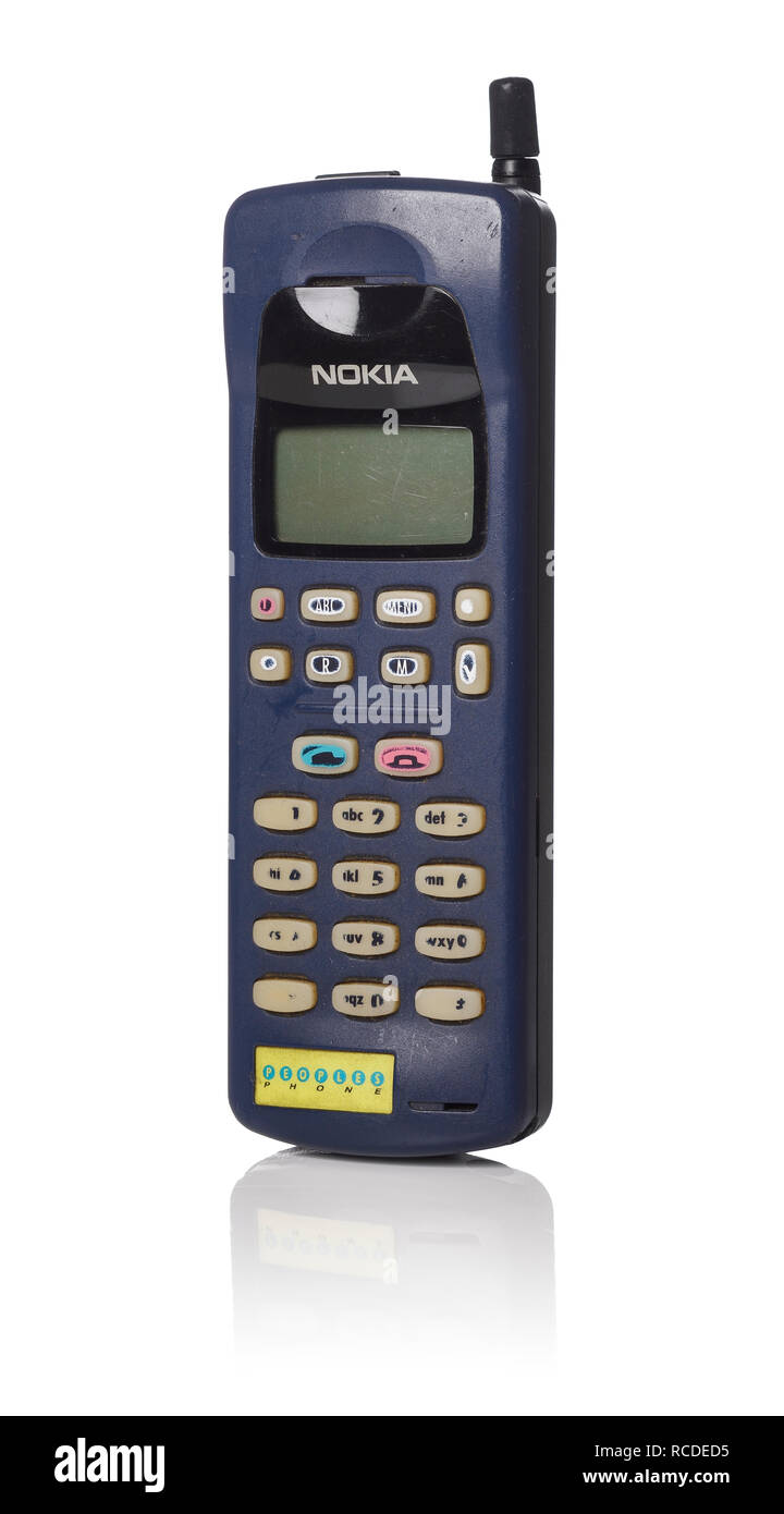 A NOKIA THX-62Y vintage mobile phone from the 1990's. The model is a branded version by People's Phone and is similar to the Nokia 101 Stock Photo