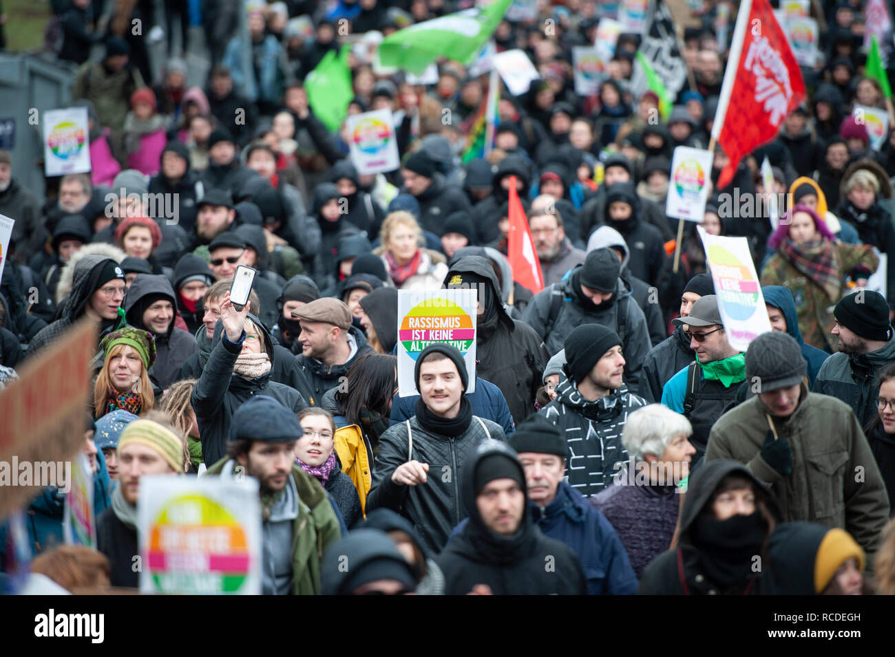 Riesa, Saxony, Germany. 12th January 2019. Approx. 1K demonstrators gather and march in the Saxony town of Riesa to protest against the AfD conference Stock Photo