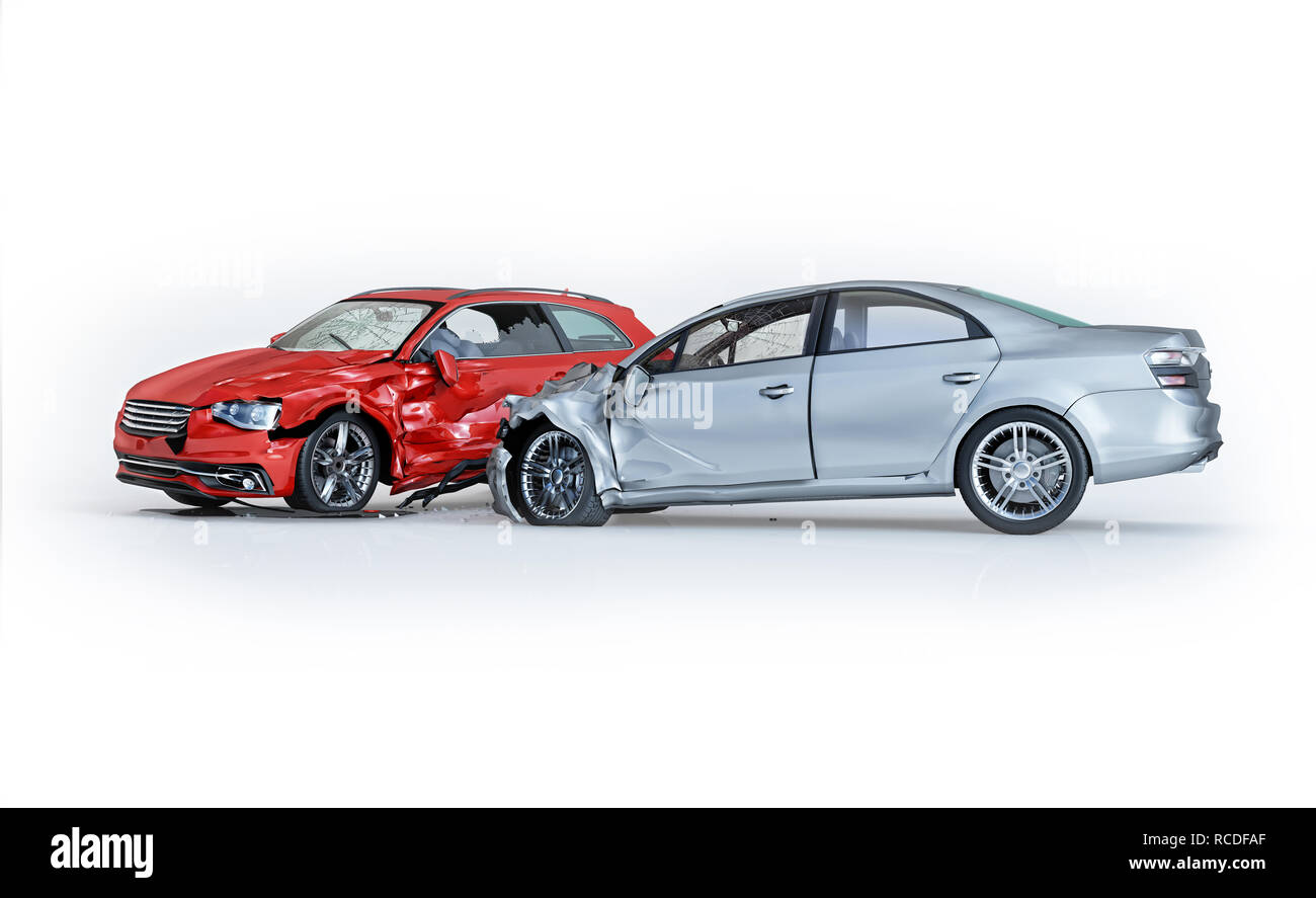 Two cars accident. Crashed cars. One silver sedan against one red coupé. Big damage. Isolated on white background. Viewed from a side. Stock Photo