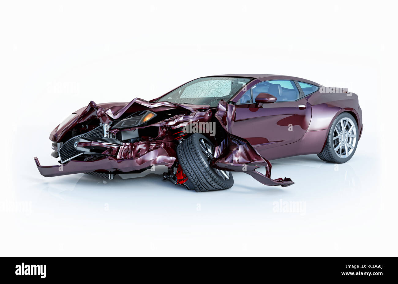 Single car crashed. Purple sport car coupé havily damaged on the front part. Isolated on white background. Perspective view. Stock Photo