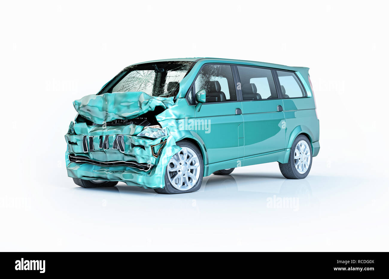 Single car accident. Green van heavily damaged on the front part. Isolated on white background. Perspective view. Stock Photo