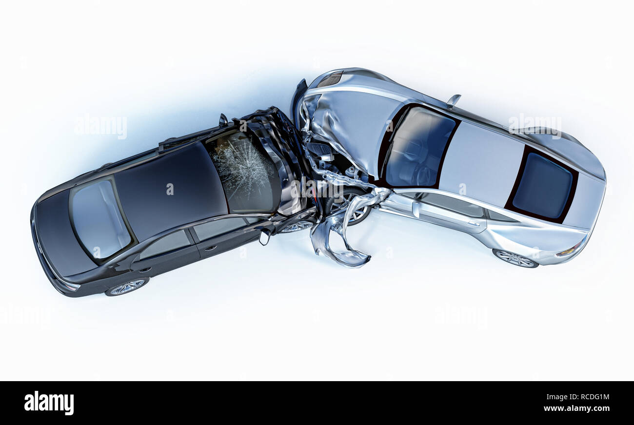Two cars accident. Crashed cars. One silver sport car against one black sedan. Big damage. Isolated on white background. Viewed from the top. Stock Photo