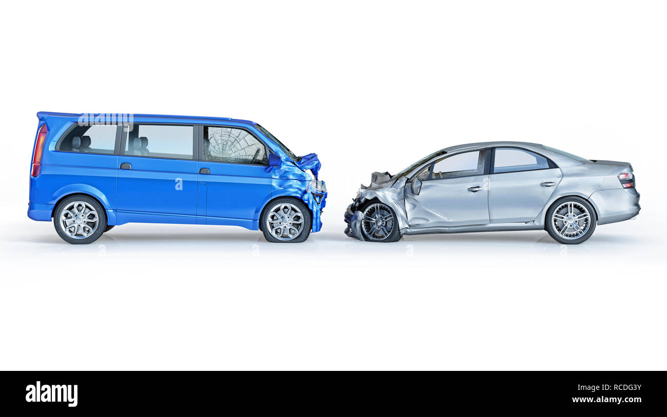 Two cars accident. Crashed cars. A blue van against a silver sedan. Big damage. Isolated on white background. Viewed from a side. Stock Photo