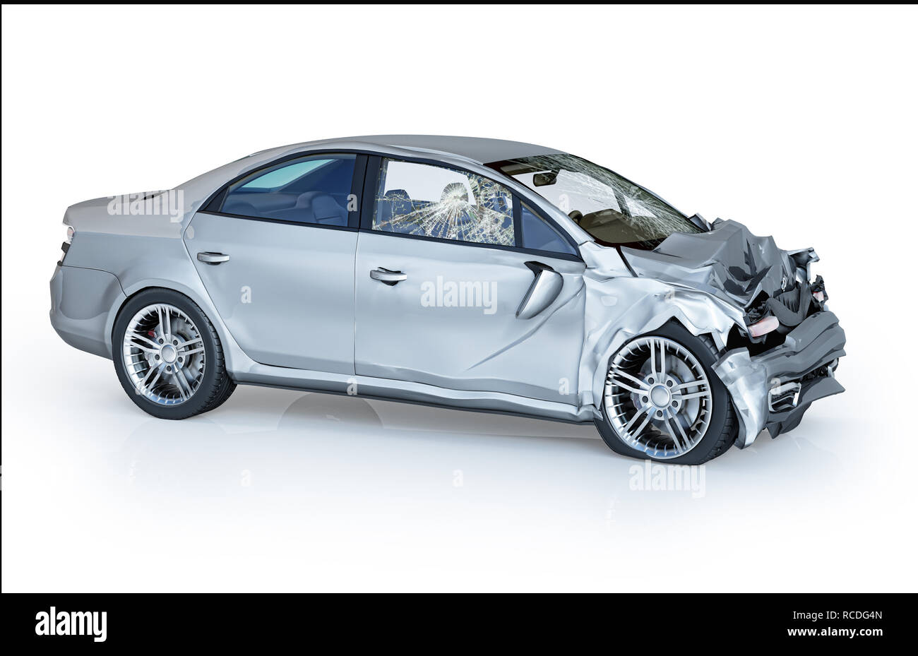 Single car crashed. Silver sedan havily damaged on the front part. Isolated on white background. Perspective view. Stock Photo