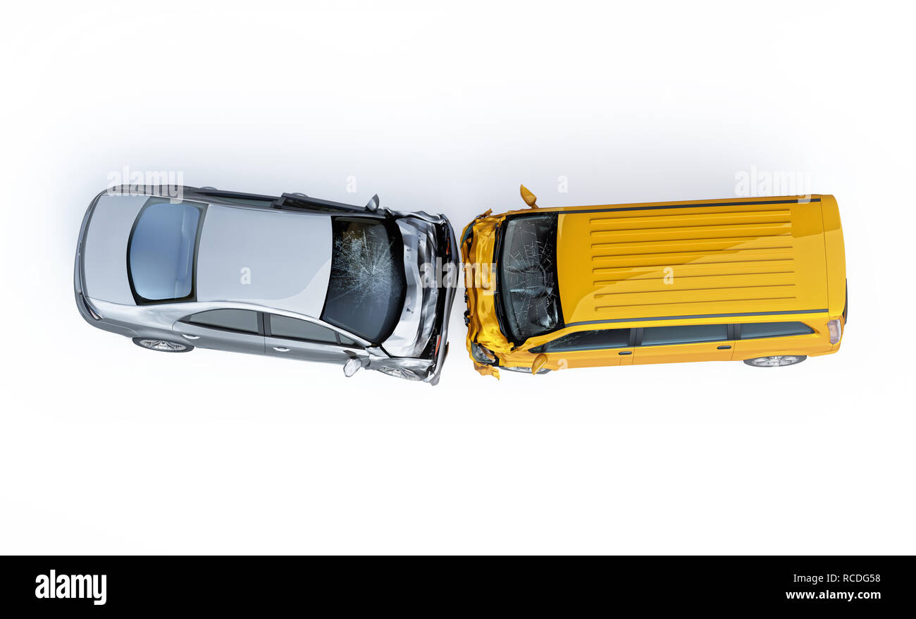 Two cars accident. Crashed cars. A yellow van against a silver sedan. Big damage. Isolated on white background. Viewed from the top. Stock Photo