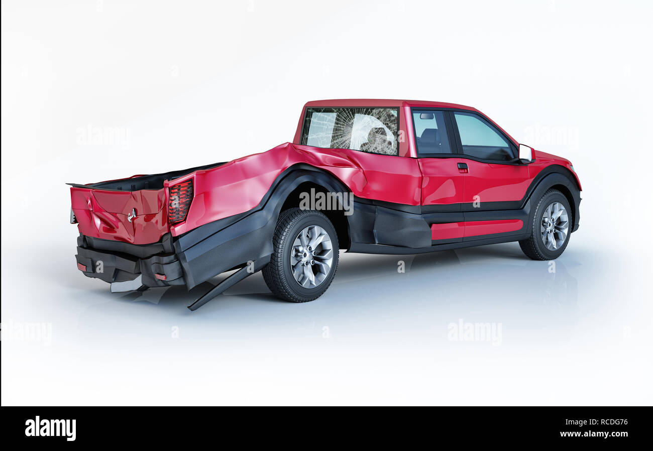 Single car crashed. Red pick up damaged on the rear part. Isolated on white background. Perspective view. Stock Photo