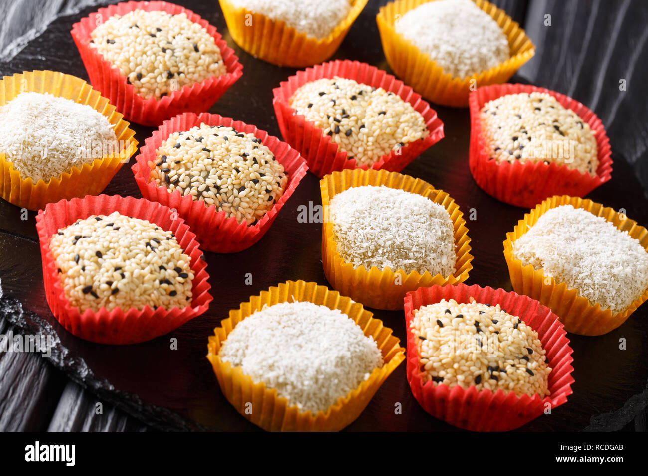 Japanese dessert Daifuku peanut sesame Mochi and mung bean closeup on