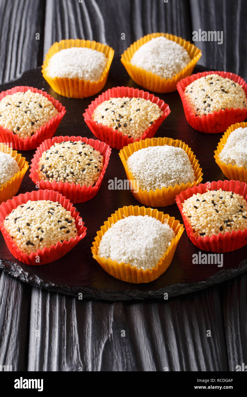Traditional Asian mochi dessert with bean paste close-up on the table