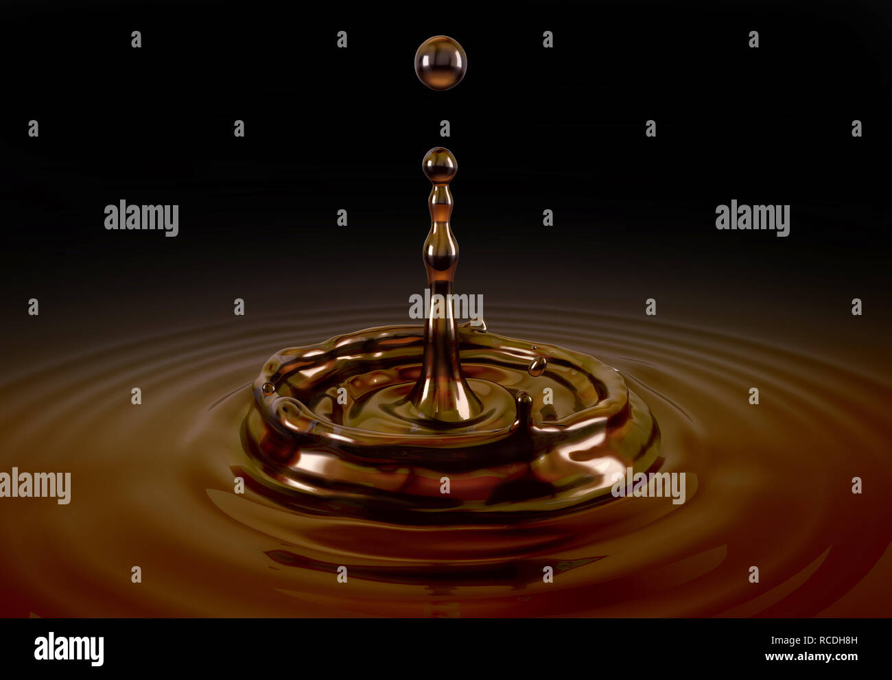 Single liquid coffee drop splash in coffee pool. Close up view on black background. Clipping path included. Stock Photo